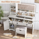 Seetech Farmhouse Makeup Vanity Desk with Mirror and Lights - 47.2" Dressing Table Set with Storage Stool, 3 Drawers, 6 Shelves, Cabinet, Power Outlet, for Bedroom, for Women, for Teen Girl, White Seetech
