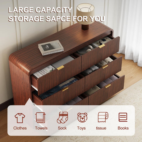 FURSUN Fluted 6 Drawers Dresser for Bedroom, 54" Wide Wooden Dresser with Metal Handle, Curved Profile Design, Modern Storage Organizer for Bedroom, Living Room, Hallway, Walnut FURSUN