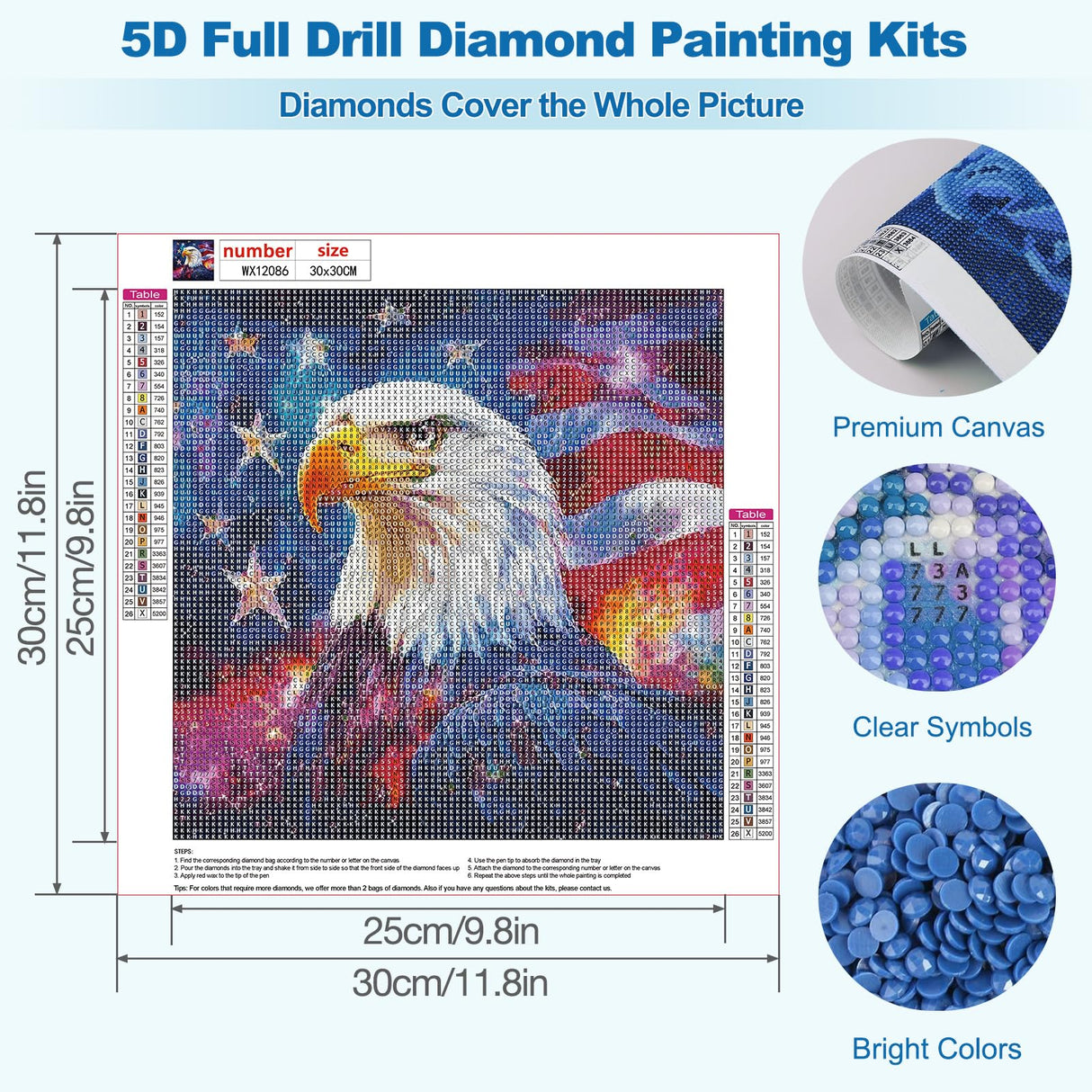 MEIYUDA Independence Day Eagle Diamond Painting Kits, DIY 4th of July Round Diamond Art Kits for Adults, American Flag Full Drill Diamonds Painting Gem Art for Home Wall Decor 12x12in MEIYUDA