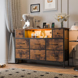 Fixwal Dresser for Bedroom with Power Outlets and LED Lights, Rustic Brown 55" TV Stand with 8 Drawers, Fabric Chest of Drawers with Wood Grain Finish for Entryway Fixwal
