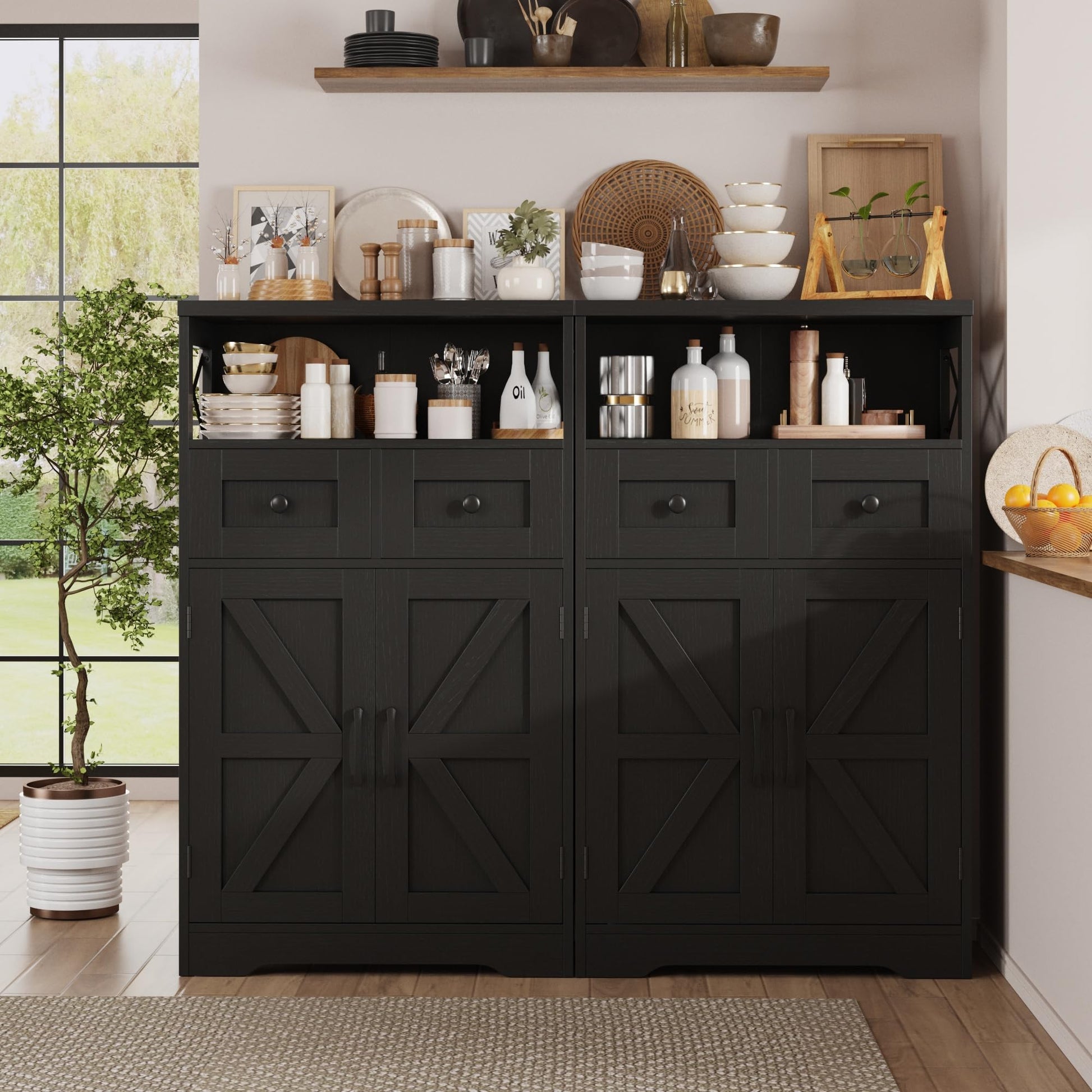 Black Storage Cabinet with Doors and Shelves, Farmhouse Kitchen Pantry Storage Cabinet, Small Coffee Bar Cabinet with Storage, Freestanding Floor Hutch Cupboard Cabinet for Kitchen/Laundry/Li - WoodArtSupply