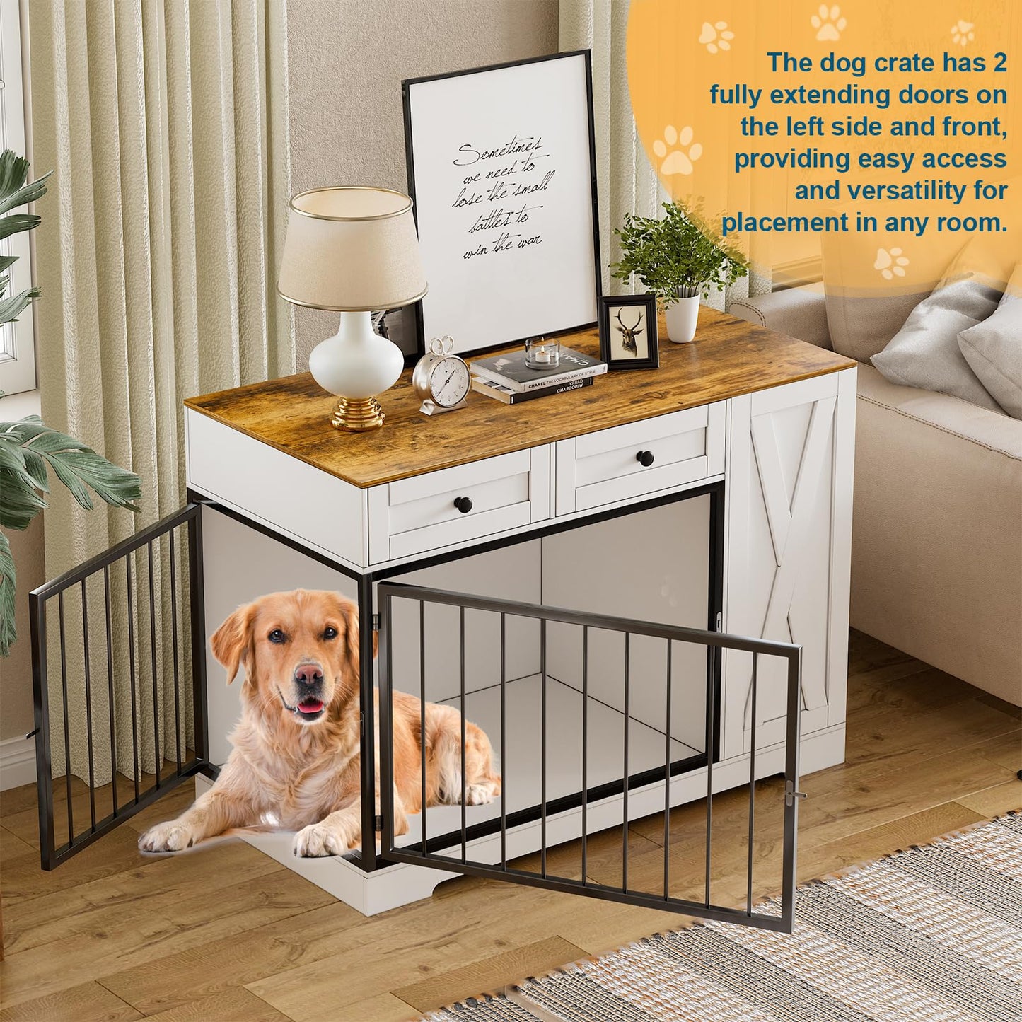 Dog Crate Furniture Kennel with Double Doors, Wooden Pet House with 2 Drawers and Pet Feeder Station Storage Cabinet, Furniture Style Dog Crate Table Side End Table for Large Medium Dogs, Whi - WoodArtSupply