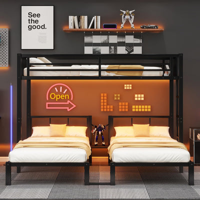 Triple Bunk Beds for Kids with LED Light, Heavy Duty Metal 3 Bunk Beds with Charge Station & Storage Shelf, Triple Bed for 3 Kids, Convertible Three Bunk Frame for Boys, Girls and Teens, Black