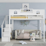 KEIKI Queen Size Loft Bed with Stairs & Storage Wardrobe, Kids Metal Bed Frame w/Safety House-shaped Guardrail, Space-saving Corner Beds w/Top Shelf for Teens, Easy Assembly Bedframe Queen-size, White KEIKI