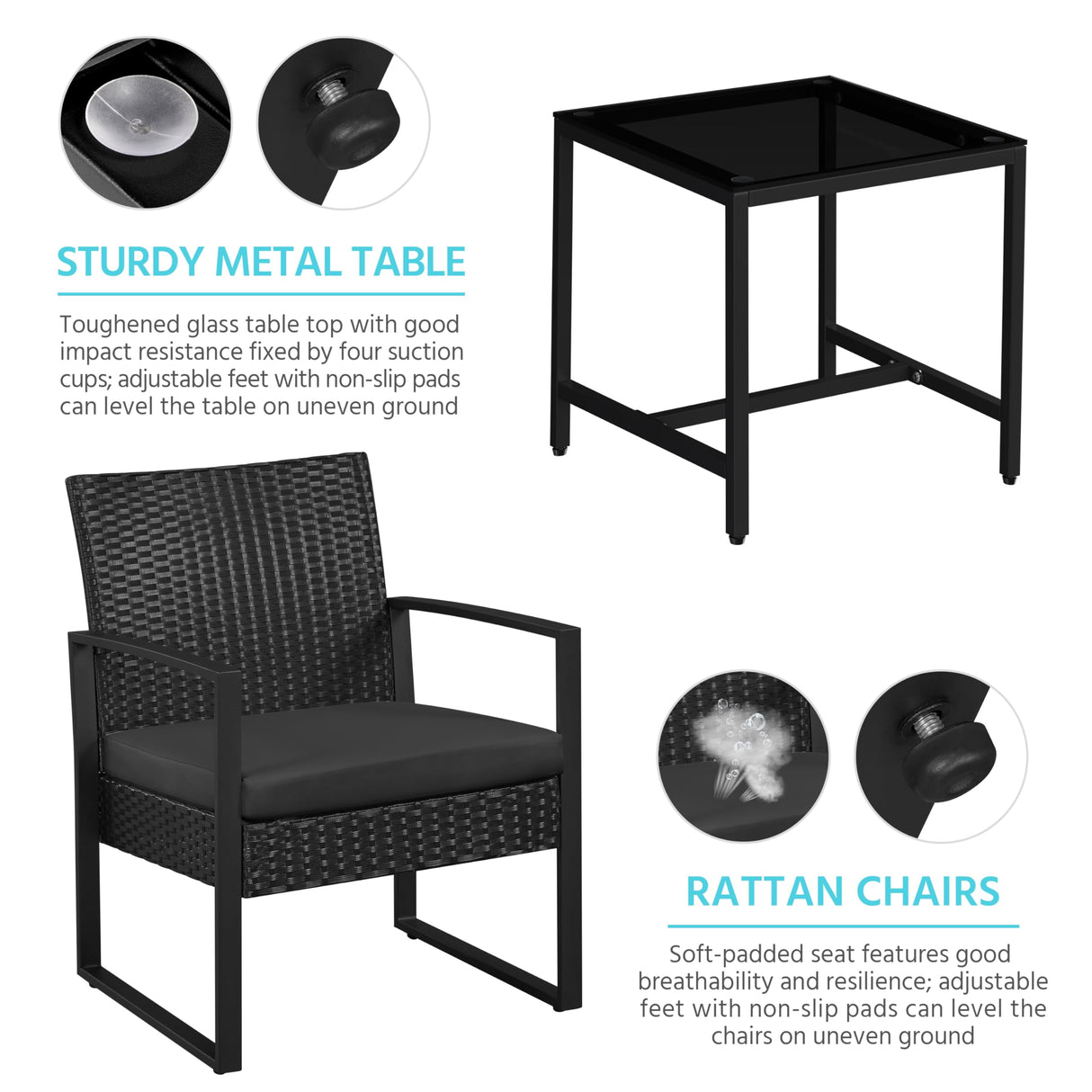 Yaheetech 3 Pieces Rattan Bistro Set, Indoor/Outdoor Wicker Patio Modern Conversation Furniture, 2 Chairs & Tempered Glass Coffee Table for Garden, Balcony, Backyard, Poolside, Black Yaheetech