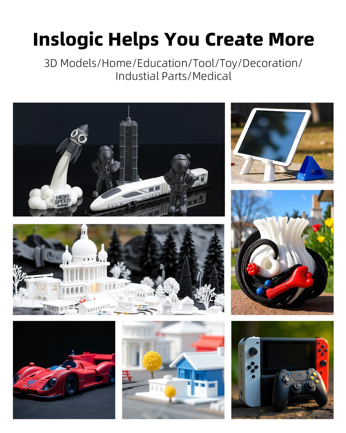 Inslogic High-Speed PLA Filament 1.75mm 3D Printer Filament, 50-600mm/s Rapid Printing PLA, Smooth Flow & No Clogging, 1kg Spool (2.2lbs) Fit Most FDM 3D Printers, Black Inslogic