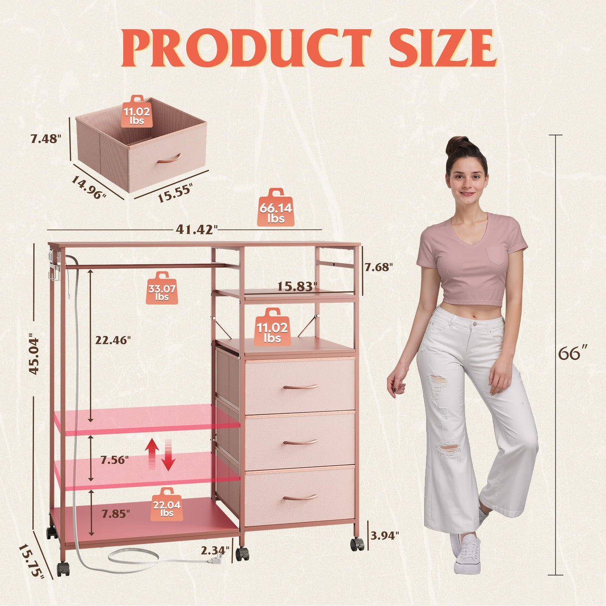 WLIVE Dresser for Bedroom with Clothes Rack, 3 Drawer Dresser with LED Lights & Charging Station, Fabric Dressers & Chest of Drawers, Storage Organizer with Open Shelves for Closet, Living Room, Pink WLIVE