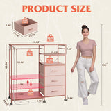 WLIVE Dresser for Bedroom with Clothes Rack, 3 Drawer Dresser with LED Lights & Charging Station, Fabric Dressers & Chest of Drawers, Storage Organizer with Open Shelves for Closet, Living Room, Pink WLIVE