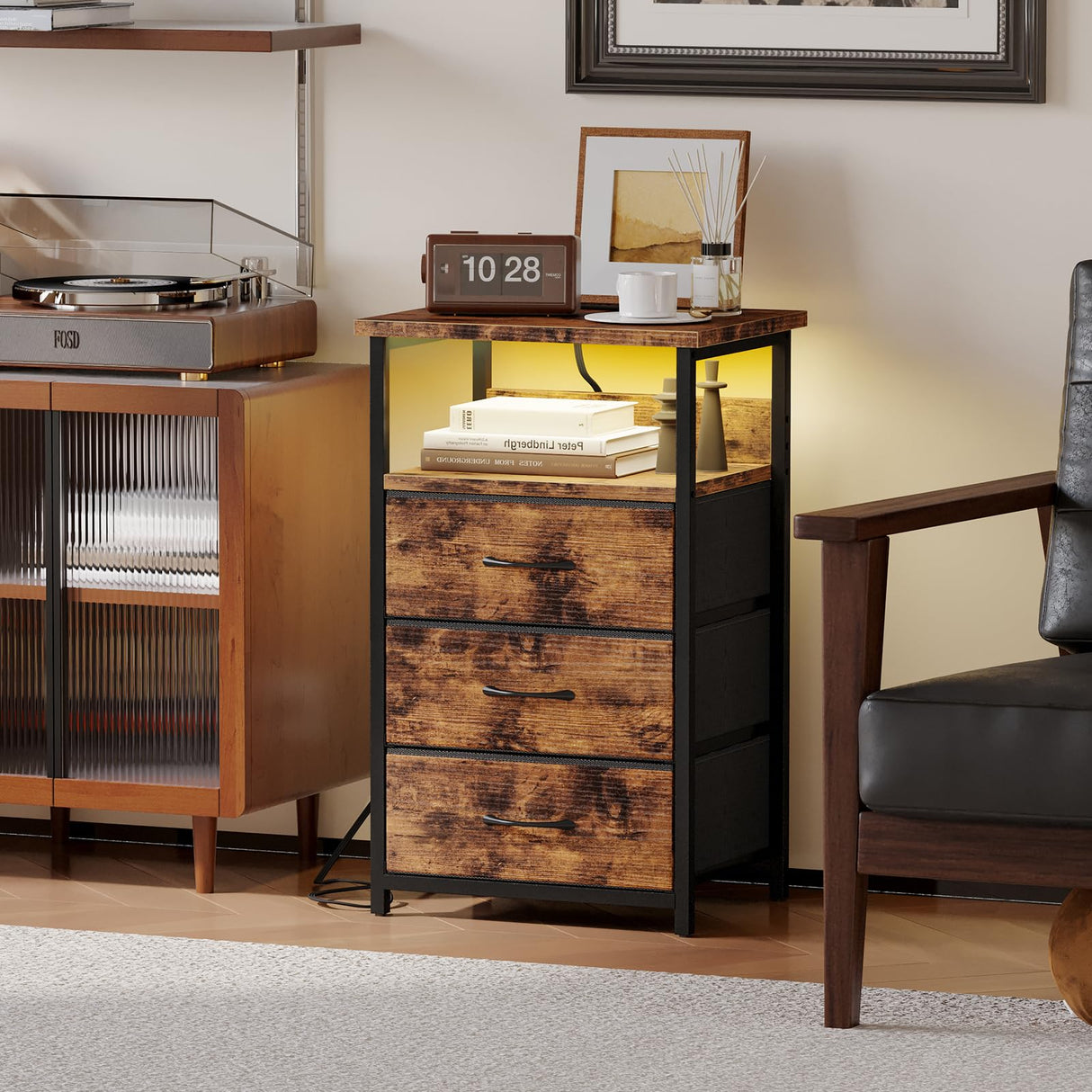 Fixwal Night Stand with Charging Station, LED Nightstand with Fabric Drawers, End Table with PU Finish, Bed Side Table, Rustic Brown Fixwal