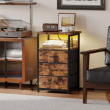Fixwal Night Stand with Charging Station, LED Nightstand with Fabric Drawers, End Table with PU Finish, Bed Side Table, Rustic Brown Fixwal