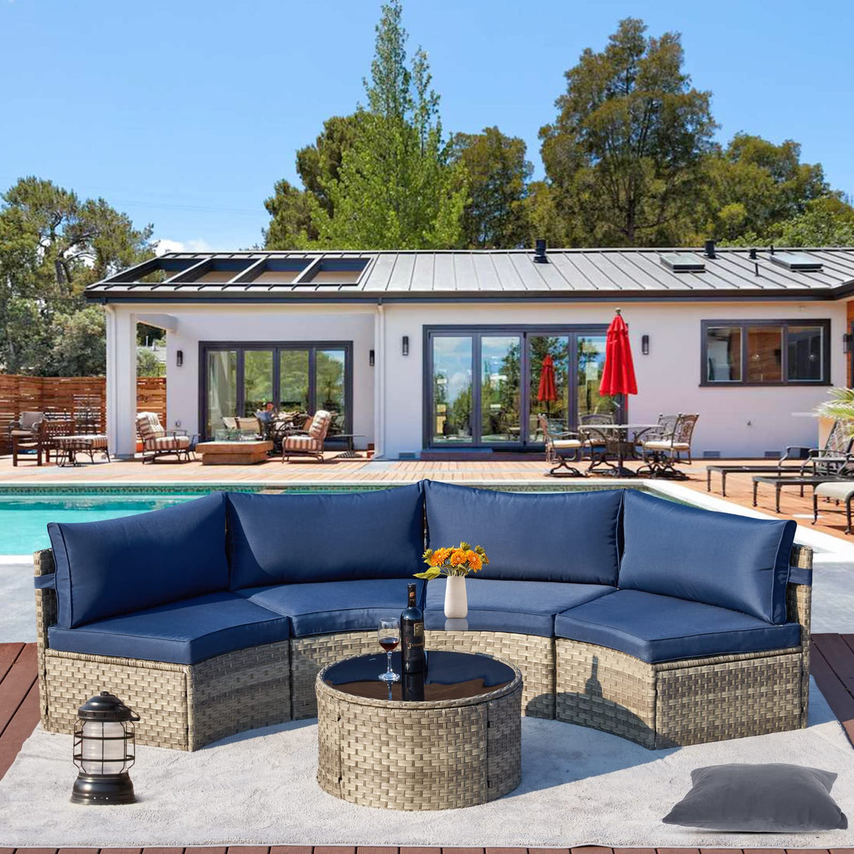 ECOTOUGE 9 Piece Outdoor Patio Half Moon Furniture, Patio Sectional Conversation Sofa Set with 30 Inch Propane Firepit Table Set for for Porch, Backyard and Garden (Blue) ECOTOUGE