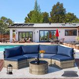 ECOTOUGE 9 Piece Outdoor Patio Half Moon Furniture, Patio Sectional Conversation Sofa Set with 30 Inch Propane Firepit Table Set for for Porch, Backyard and Garden (Blue) ECOTOUGE