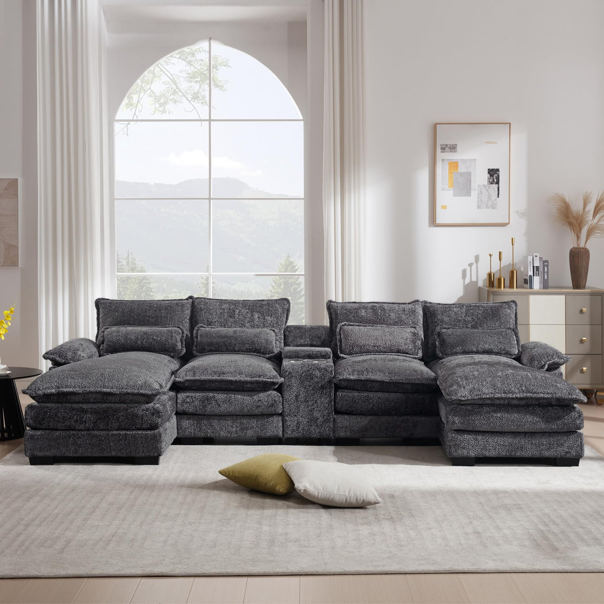 Suheww U Shaped Modular Sectional Sofa, 124.8" Cloud Couch for Living Room, Grey Fluffy Chenille Couch with Console Cupholders and USB Port Comfy Sofas for Apartment Studio Office Suheww