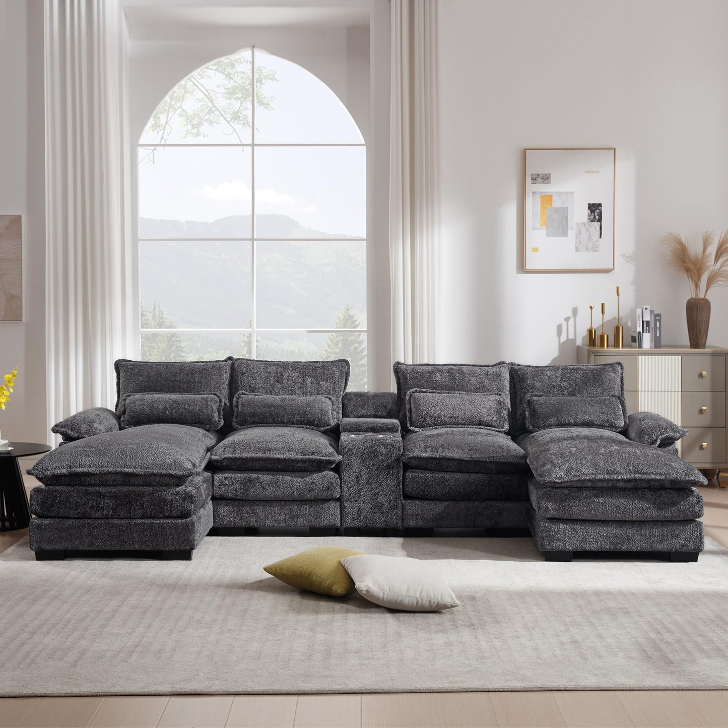 Suheww U Shaped Modular Sectional Sofa, 124.8" Cloud Couch for Living Room, Grey Fluffy Chenille Couch with Console Cupholders and USB Port Comfy Sofas for Apartment Studio Office