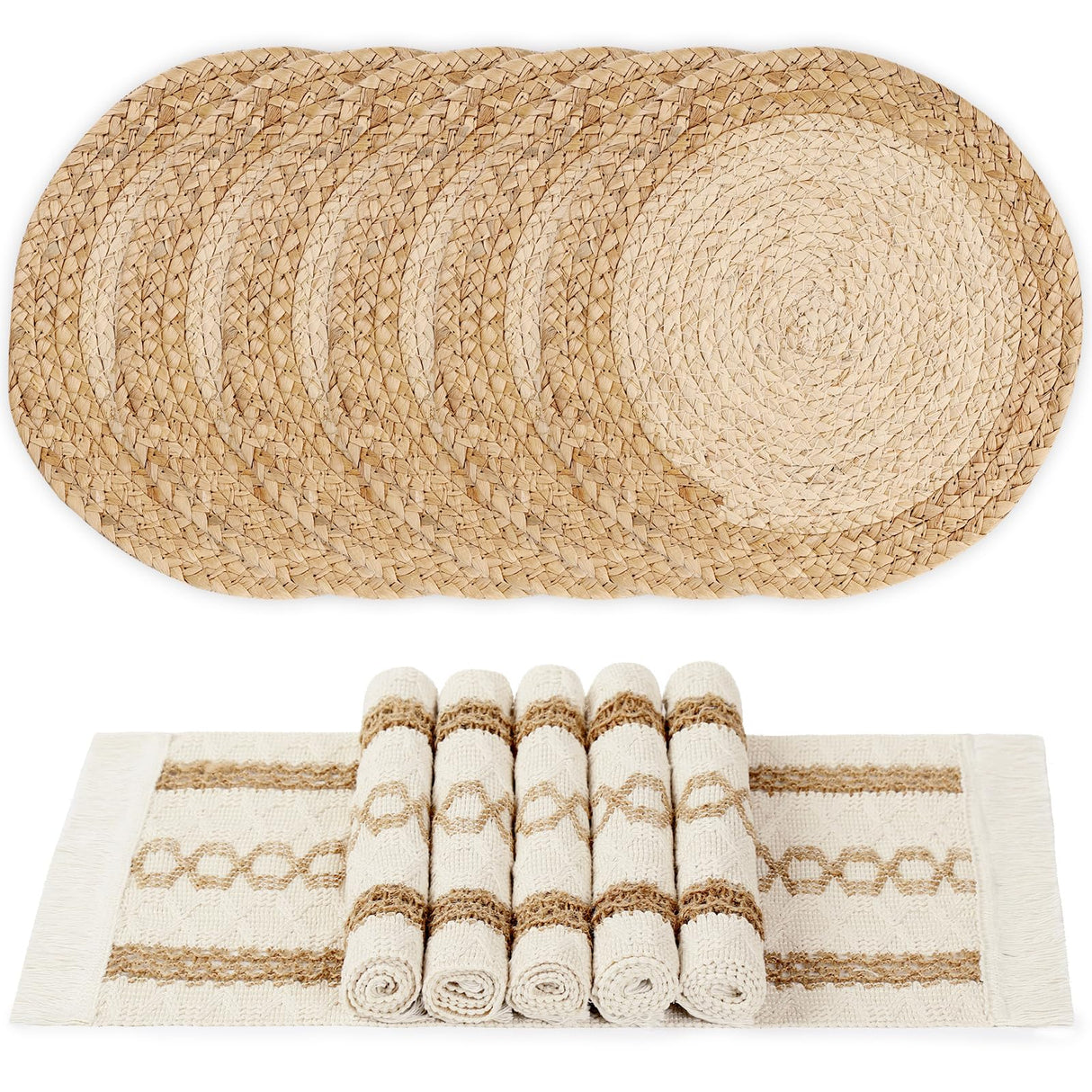 YANGQIHOME Boho Placemats Set of 6, Farmhouse Rustic Woven Placemats for Dining Table Decor, Handmade Braided Place Mats in Natural Cotton Jute and Water Straw for Kitchen Table YANGQIHOME