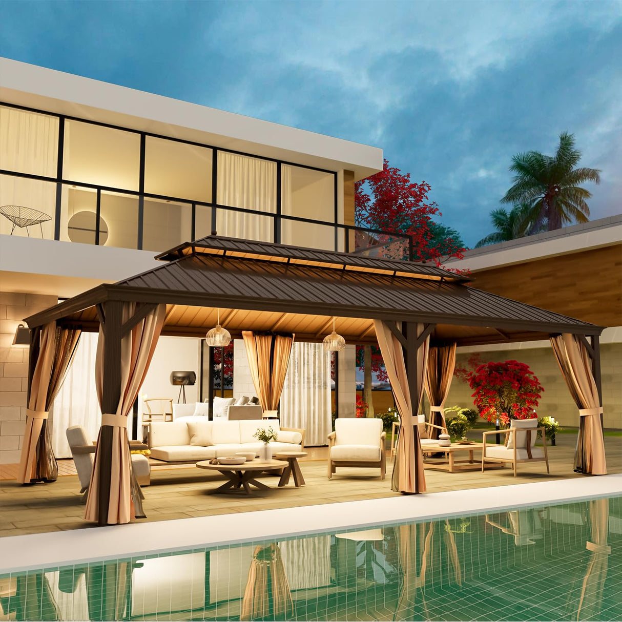 YOLENY 12'x24' Gazebo, Hardtop Gazebo with Galvanized Steel Double Roof, Pergolas Aluminum Frame, Netting and Curtains Included, Metal Outdoor Gazebos for Garden, Lawns YOLENY