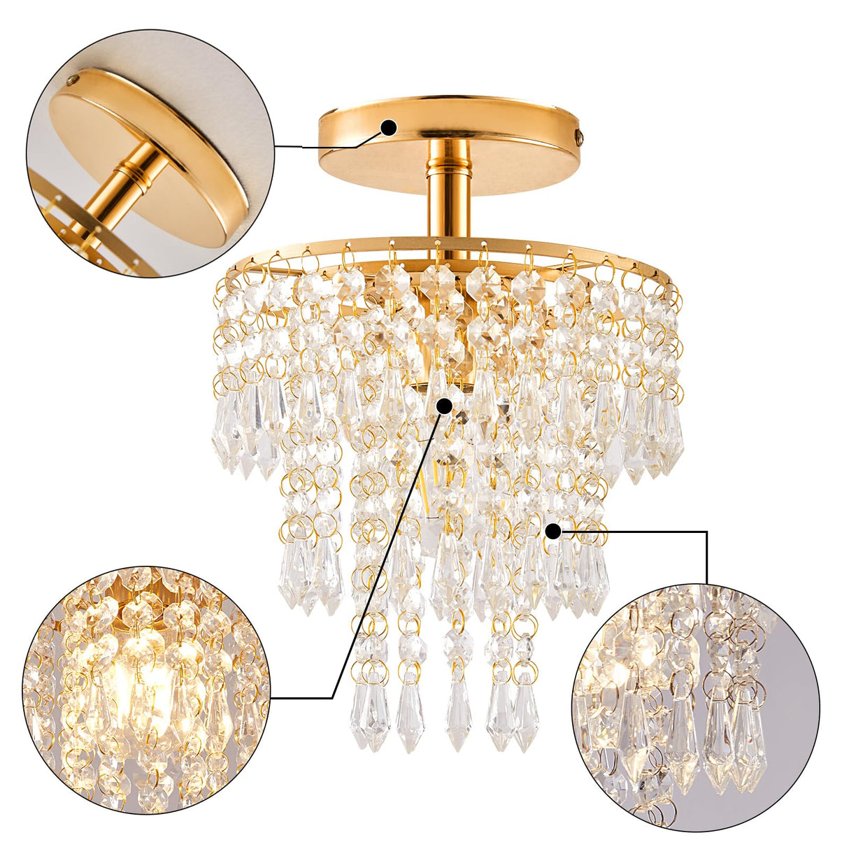 Modern Mini Crystal Chandelier, 3-Tier Raindrops Design Small Chandelier Light Fixture, Flush Mount Ceiling Light Fixture for Bedroom, Hallway, Living Room - E26 Base, Chandelier for Bedroom (Gold) Cyaruy