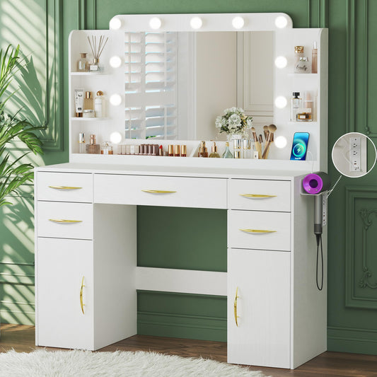 ALEXNUTRE Make up Vanity Desk with Mirror and Lights, Vanity with Lights 3 Models Settings, Vanity with Power Outlet, Vanity Desk with 5 Drawers, 2 Cabinets, Shelves, Makeup Vanity for Bedroom, White