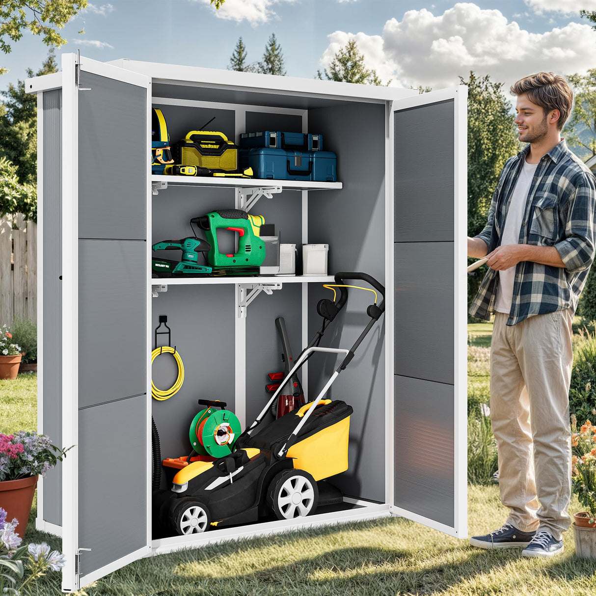 DWVO Outdoor Vertical Storage Shed with 2 Shelves, 49 Cu Ft Waterproof Resin Garden Shed with Floor & Lockable Door, Plastic Tall Tool Cabinet for Garbage Cans, Lawn Equipment, Garden Supplies (Gray) DWVO