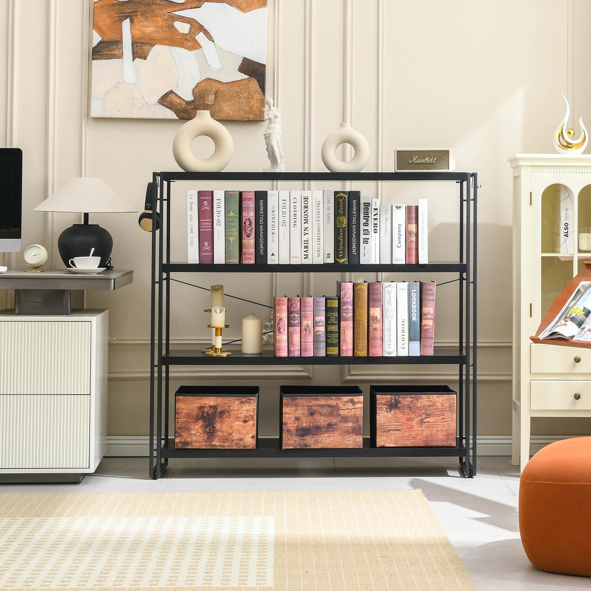 HCHQHS Bookshelf, 4-Tier Industrial Bookcase, Black Open Book Shelf, Freestanding Tall Bookshelves with Metal Frame HCHQHS