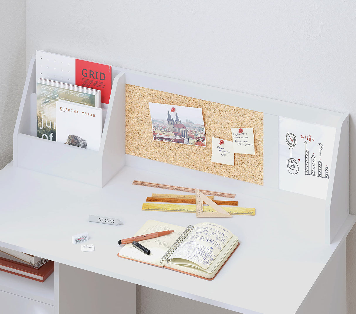 UTEX Kids Study Desk with Storage, Wooden Children School Study Table with Hutch and Storage Cabinet for 3-8 Years Girls Boys, Student's Study Computer Workstation Writing Table, White UTEX