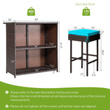 RELAX4FLIE 3-Piece Outdoor Bar Set, Patio Wicker Bar Table and Chairs Set w/Cushioned Stools 2 Open Shelves & Glass Table Top, Rattan Bar Table Set for Poolside, Garden and Backyard (Turquoise) RELAX4LIFE