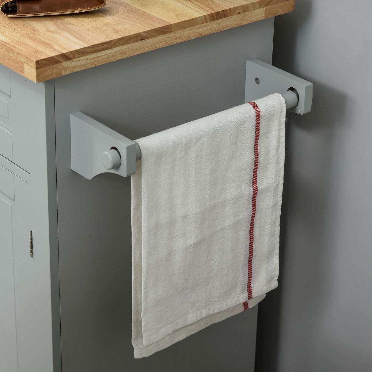 HOMCOM Kitchen Island on Wheels, Rolling Cart with Rubberwood Top, Spice Rack, Towel Rack and Drawers for Dining Room, Grey HOMCOM