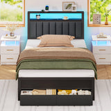 Furnulem Twin Bed Frames with Charging Station and LED Lights, Grey Upholstered Headboard with Shelves, Metal Platform Bed with 2 Under-Bed Storage (Fabric Drawer on Wheels), No Box Spring Needed Furnulem