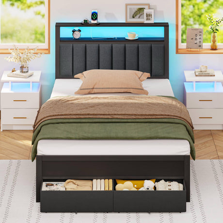 Furnulem Twin Bed Frames with Charging Station and LED Lights, Grey Upholstered Headboard with Shelves, Metal Platform Bed with 2 Under-Bed Storage (Fabric Drawer on Wheels), No Box Spring Needed Furnulem