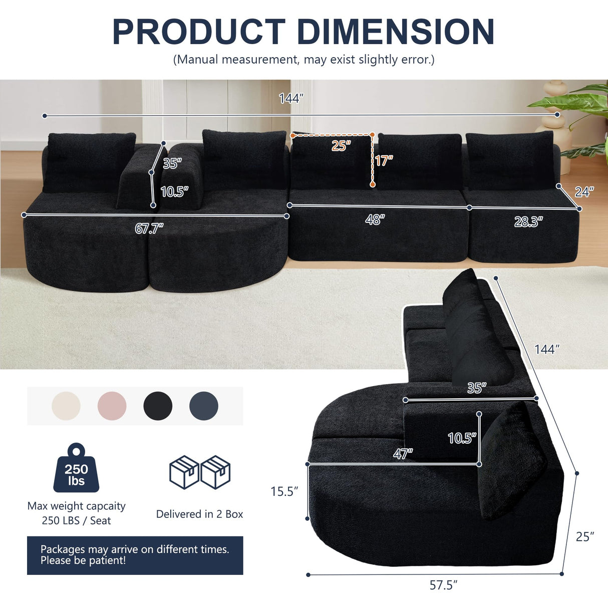 144" Oversized Sectional Couches for Living Room, Modern Luxury Chenille 5-Seater Sofa, Deep Seat Curved Cloud Couch, Modular Sofa with Chaise Lounges & 5 Pillows, No Assembly Required (Black) IZLKQC