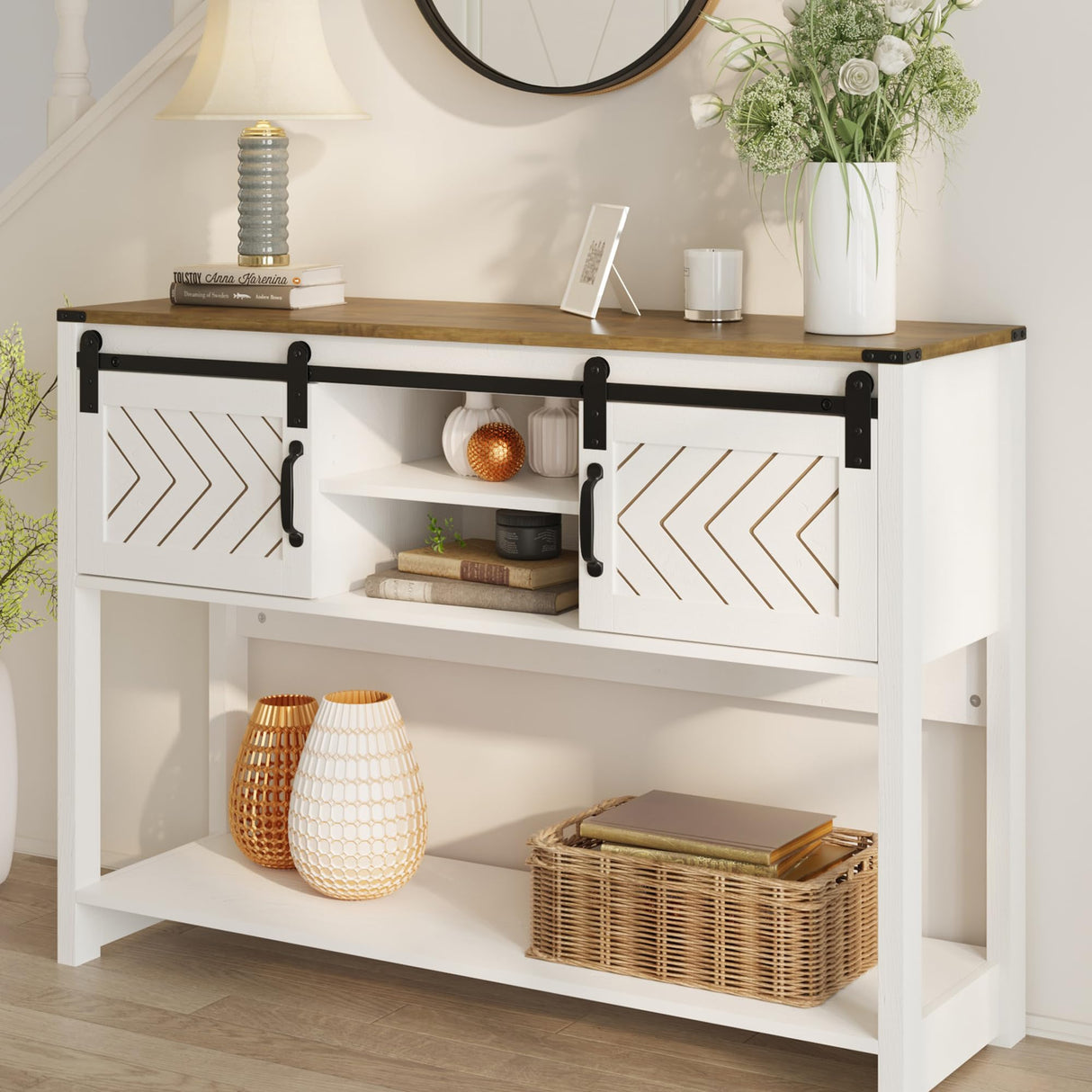 RoyalCraft Farmhouse Entryway Table with Storage, 46" Console Table with Sliding Barn Door, Wood Rustic Sofa Table with Adjustable Shelf for Hallway, RoyalCraft
