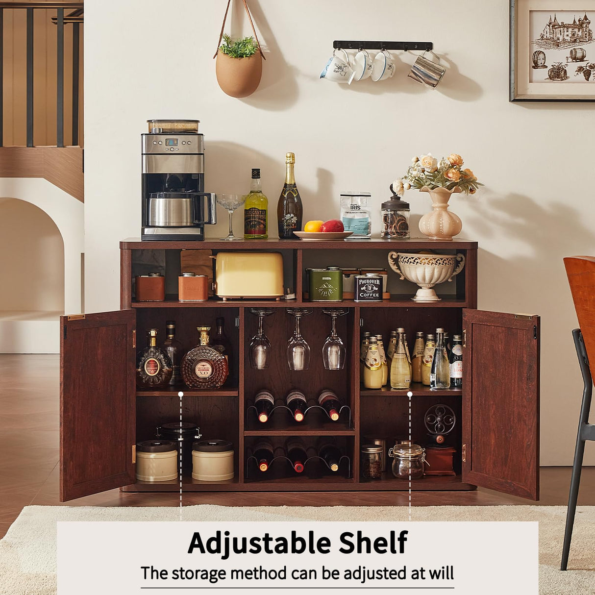 Lerliuo Rattan Wine Cabinet with 2 Doors, Boho Liquor Cabinet with Wine Racks, Farmhouse Coffee Bar Station for Living Room, Dining Room, Kitchen, Walnut Lerliuo