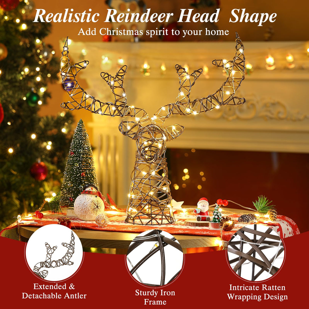 Lewondr Christmas Tree Topper, Metal Frame Deer Tree Topper with 50 Warm Light Beads, Remote & USB Operated Tree Topper with Lights 6H Timer, Xmas Tree Decor for Holiday Home Decoration, Brown Lewondr