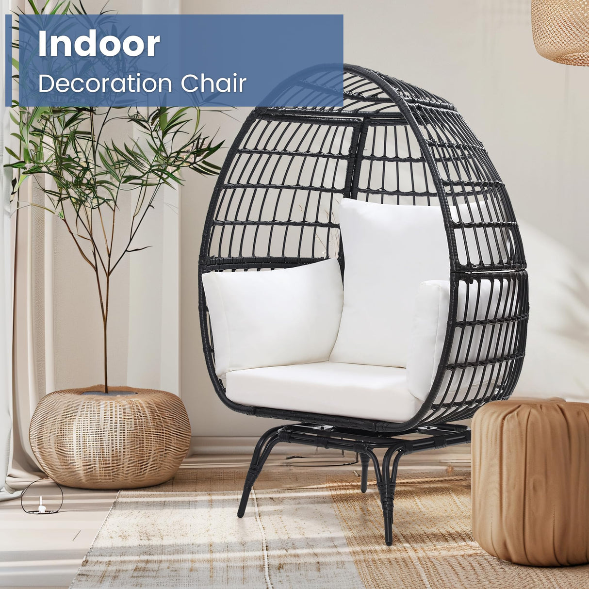 Murago Oversized 360 Swivel Rattan Egg Chair for Adult, Indoor Outdoor Patio Large Wicker Egg Chair with overstuffed Cushions, 440lb Weight Capacity, Black Rattan with Beige Cushion Murago