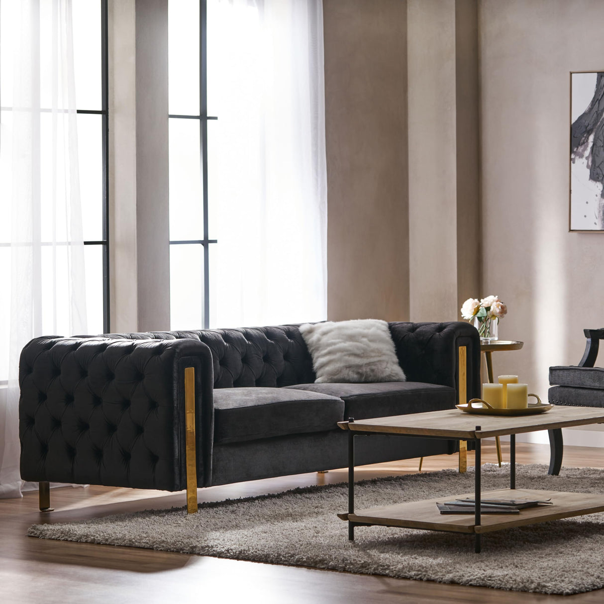 Asucoora Tufted Velvet Sofa Couch for Living Room, Upholstered Tuxedo Arm 3-Seater Sofa Couch with Golden Legs, Chesterfield Sofa Apartment, Office, Studio Black Asucoora