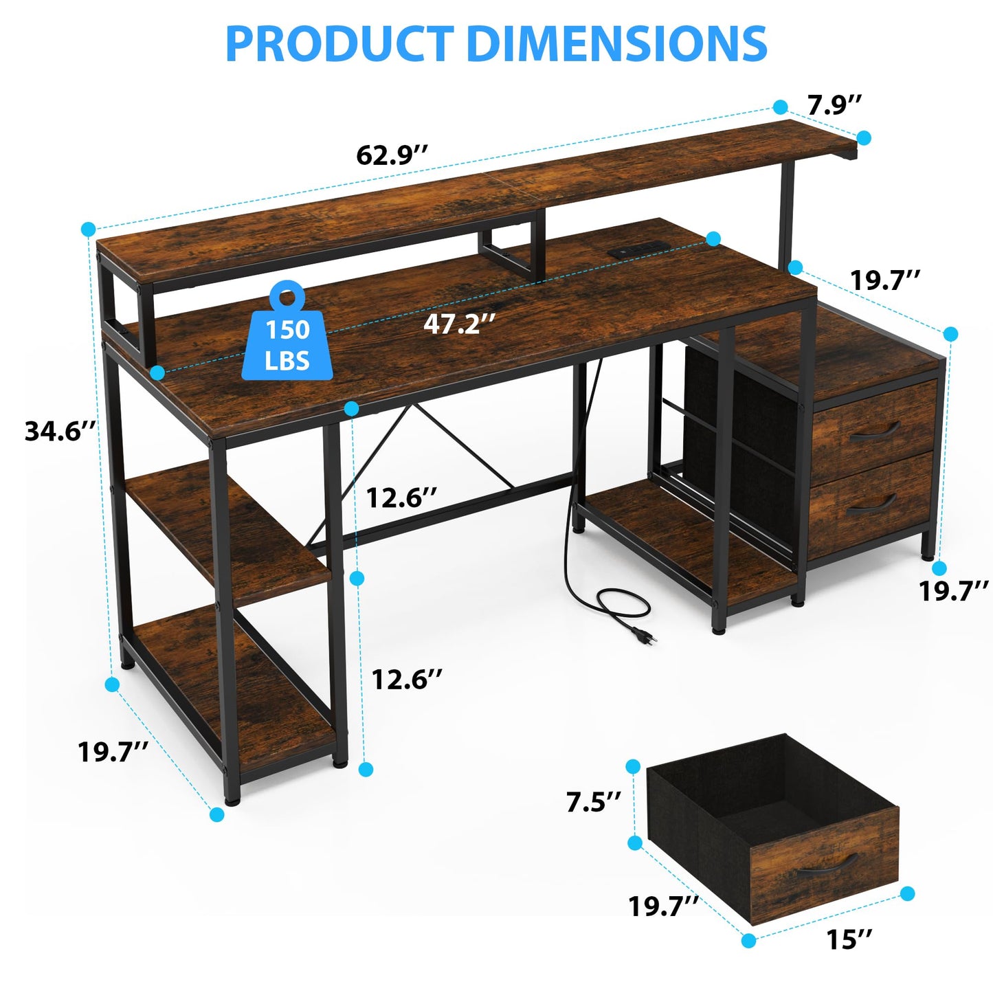 Home Office Desk with LED Light & Power Outlets, 63 inch Computer Desk with Monitor Stand and Printer Space, Gaming Desk with Drawers and Storage Shelves for Study Writing Working, Rustic Brown