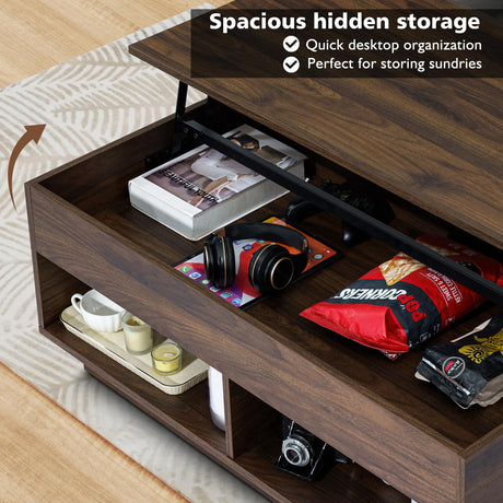 HOMMPA Modern Lift Top Coffee Table with Storage for Living Room LED Coffee Table Wodden Lift Tabletop Dining Table with Hidden Compartment and Metal Frame, Walnut HOMMPA