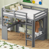 Janusline Twin Size Loft Bed Frame with Built-in L Shaped Desk, Wood Loft Bed with Wardrobe and Storage Shelves, Full-Length Guardrail & Ladder, Heavy Duty Lofts Beds for Teens Adults, Grey Janusline