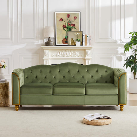 HITHOS 78" Velvet Sofa Couch, Soft 3 Seater Sofa Couche for Living Room, Button Tufted Comfy Couch Modern Sofa with Upholstered Cushion, Gold Trim, Solid Wood Legs for Dorm Bedroom Apartment, Green HITHOS