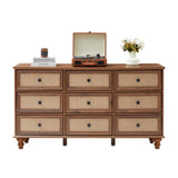 ORRD 9 Drawer Dresser for Bedroom, Mid Century Modern Wide Wood Rustic Chest of Drawers Wooden Storage Organizer Dressers with Burlap Rattan Drawers for Living Room, Hallway Closet, Entryway, Walnut ORRD