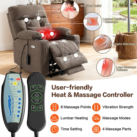 Infinite Position Power Lift Recliner Chair for Elderly with Adjustable Headrest, Lay Flat Recliner Chair for Adults W/Massage & Heat, Cup Holders, Tri-Motor Power Lift Chairs, Fabric,Brown BEDHOURS