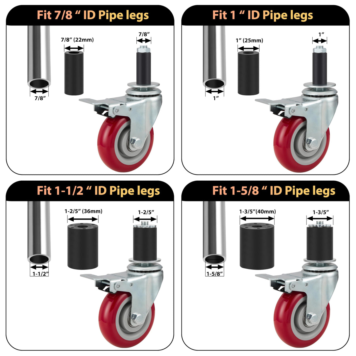 Finnhomy 4 Inch Prep Table Caster Wheels Set of 4 Heavy duty Expanding Stem Casters Fit 7/8", 1", 1-1/2" and 1-5/8" Tube Leg with Brake for Stainless Steel Furniture Legs, Worktable, Kitchen workbench Finnhomy