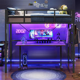 Hasuit Twin Loft Bed with LED Lights, Metal Loft Bed Twin Size with Full-Length Guardrail &Clothes Rack, Heavy Duty Metal Loft Bed Frame, Space-Saving, Noise Free, No Box Spring Needed, Black Hasuit