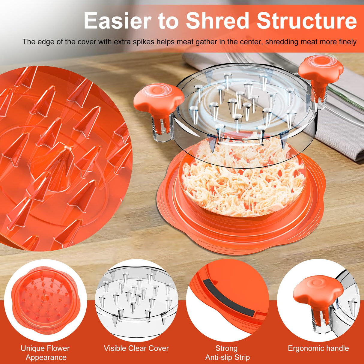 SURETIVIAN Chicken Shredder Large Chicken Breast Shredder Tool Twist with Brush&Fork, Visible Meat Shredder Machine, Anti-Slip Strip, Ergonomic Handle, BPA Free, Suitable for Pork Beef Chicken(Orange) SURETIVIAN