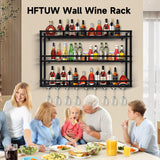 HFTUW Metal Wine Rack Wall Mounted, Bar Shelves for Liquor Bottles with LED Light, 3 Tier Large Capacity Liquor Rack Wall Mounted with Glass Holder for Home Bar & Dining Room （Gold, 39in/100cm） HFTUW