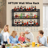 HFTUW Metal Wine Rack Wall Mounted, Bar Shelves for Liquor Bottles with LED Light, 3 Tier Large Capacity Liquor Rack Wall Mounted with Glass Holder for Home Bar & Dining Room （Black, 39in/100cm） HFTUW