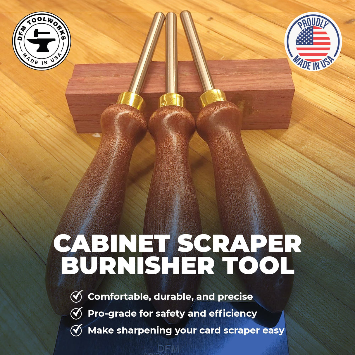 DFM Tool Works Cabinet Scraper Burnisher Tool - with Hard Maple Handle and Super Hard High Speed Steel Rod - Ideal for Card Scraper Burnishing and Woodworking Applications - Made in USA DFM Tool Works