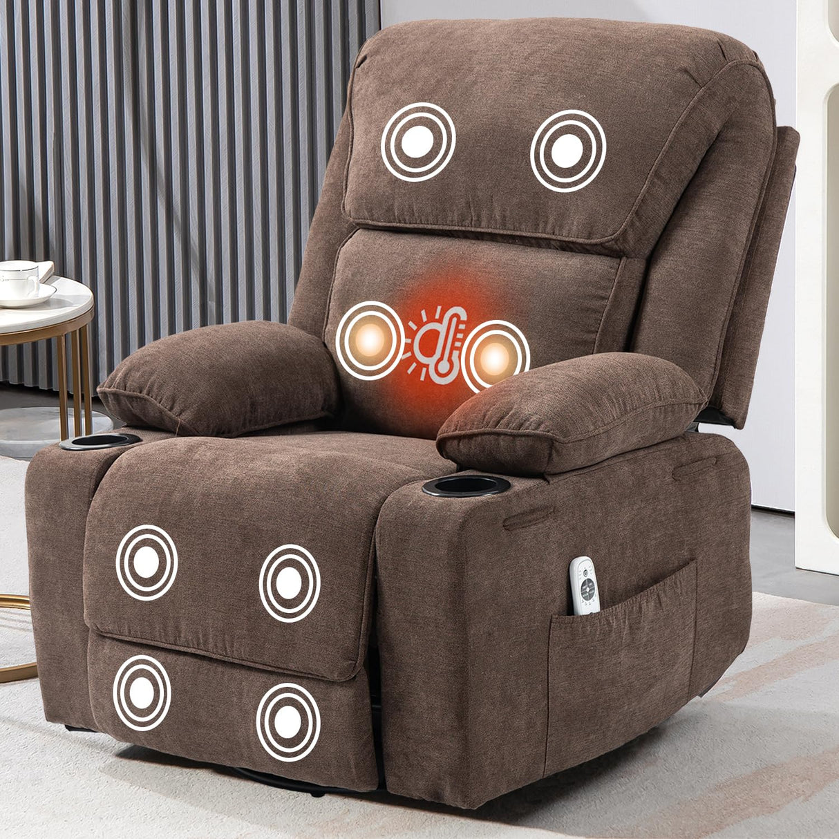 BRTHORY Rocker Recliner Chair with Massage and Heated, 360°Swivel Rocking Manual Recliner Chairs with Cup Holders Remote Control for Living Room (Brown) BRTHORY