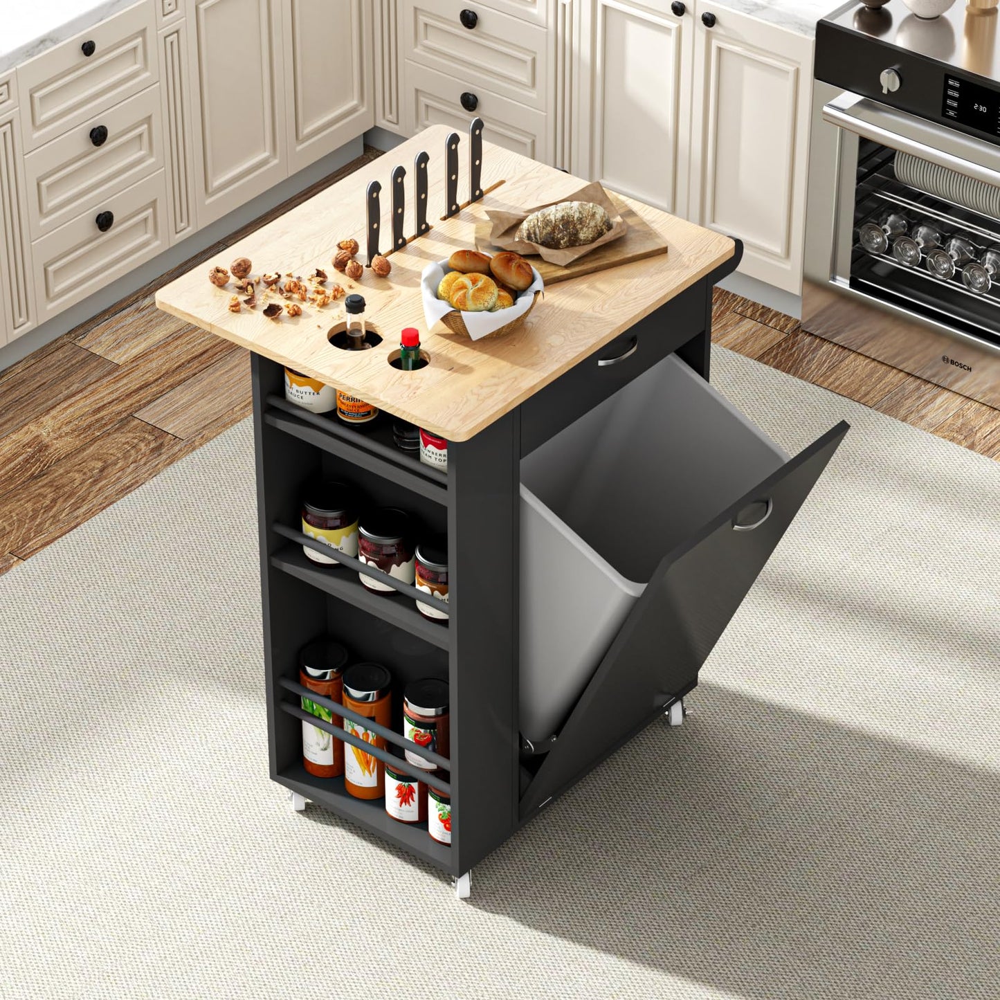 Rolling Mobile Kitchen Island with Drop Leaf, Portable Cart with Rubberwood Top, Spice Rack, and Drawers for Dining Room, Trash Cabinet Tilt Out 10 Gallon Storage, Black