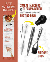 Liquid Solution Turkey Baster 5 Piece Set, Includes Baster for Cooking, Barbecue Basting Brush, Flavor Injector with Cleaning Brush - Perfect for Thanksgiving or Regular Cookout Liquid Solution